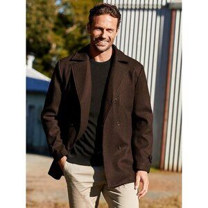 Mens Brown Classic Pea Coat Notched Collar Winter Warm Trench Coats